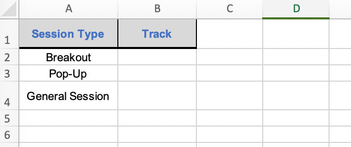 Session types listed in template